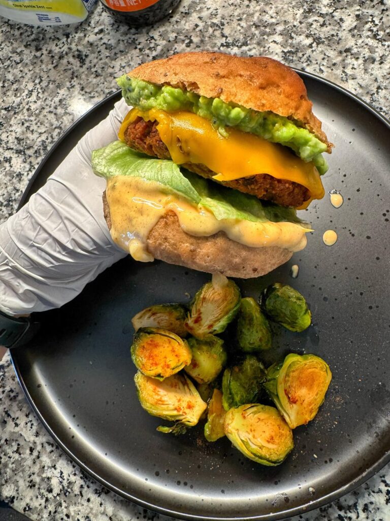 black bean burger with whole wheat chia seed bun and big mac sauce