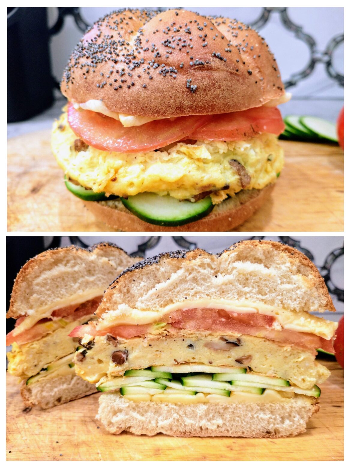 Homemade Mushroom Omelette Sandwich - Eggs, Shiitake Mushroom, Tomato, Zucchini, and Emmental Cheese on Poppyseed Kaiser Roll.