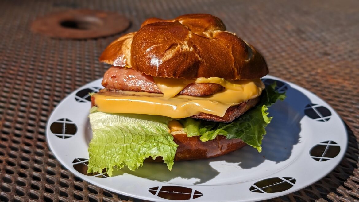 Spamwich on pretzeled bread