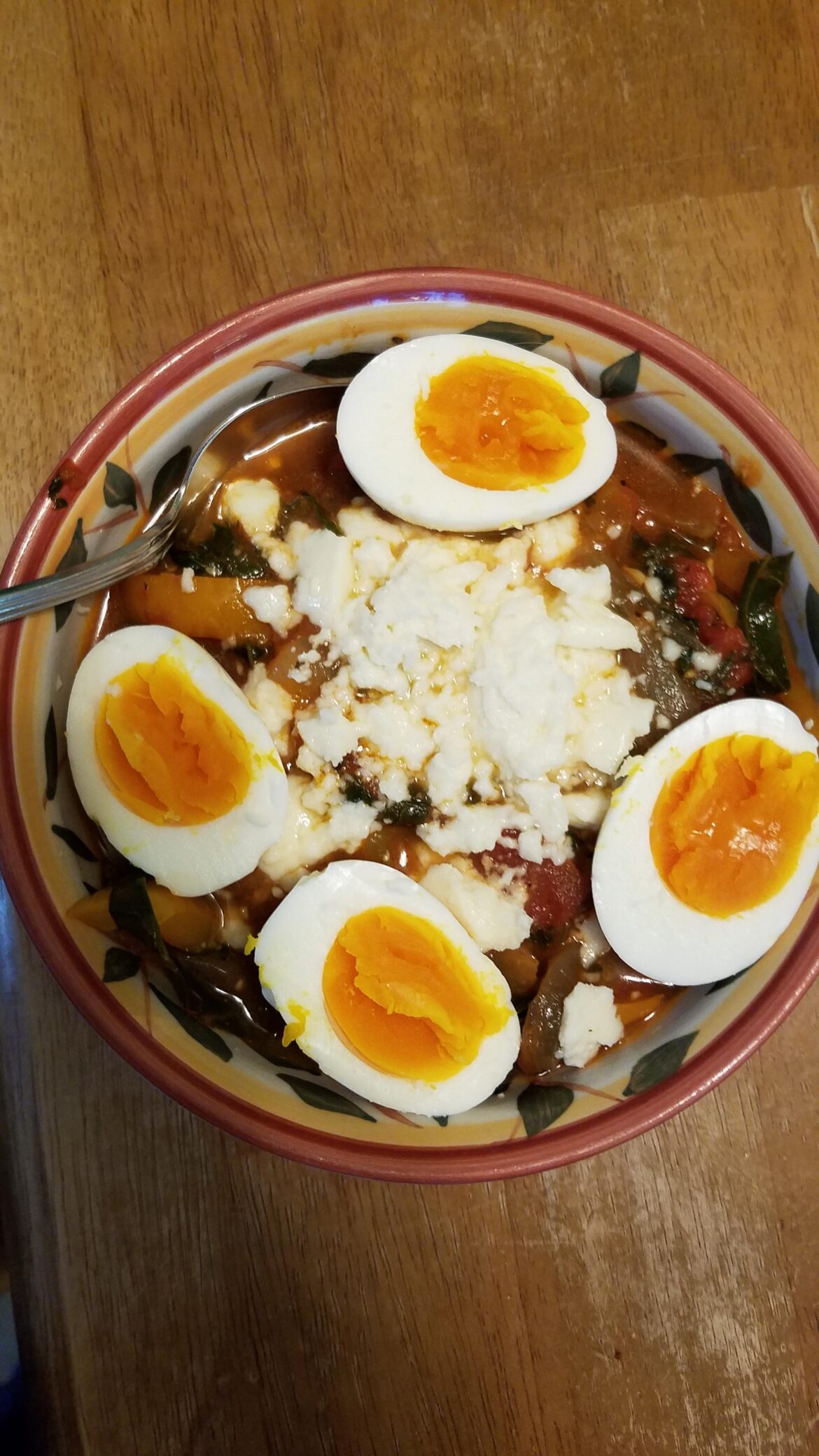 Shakshuka made with hard boiled eggs from our backyard chickens