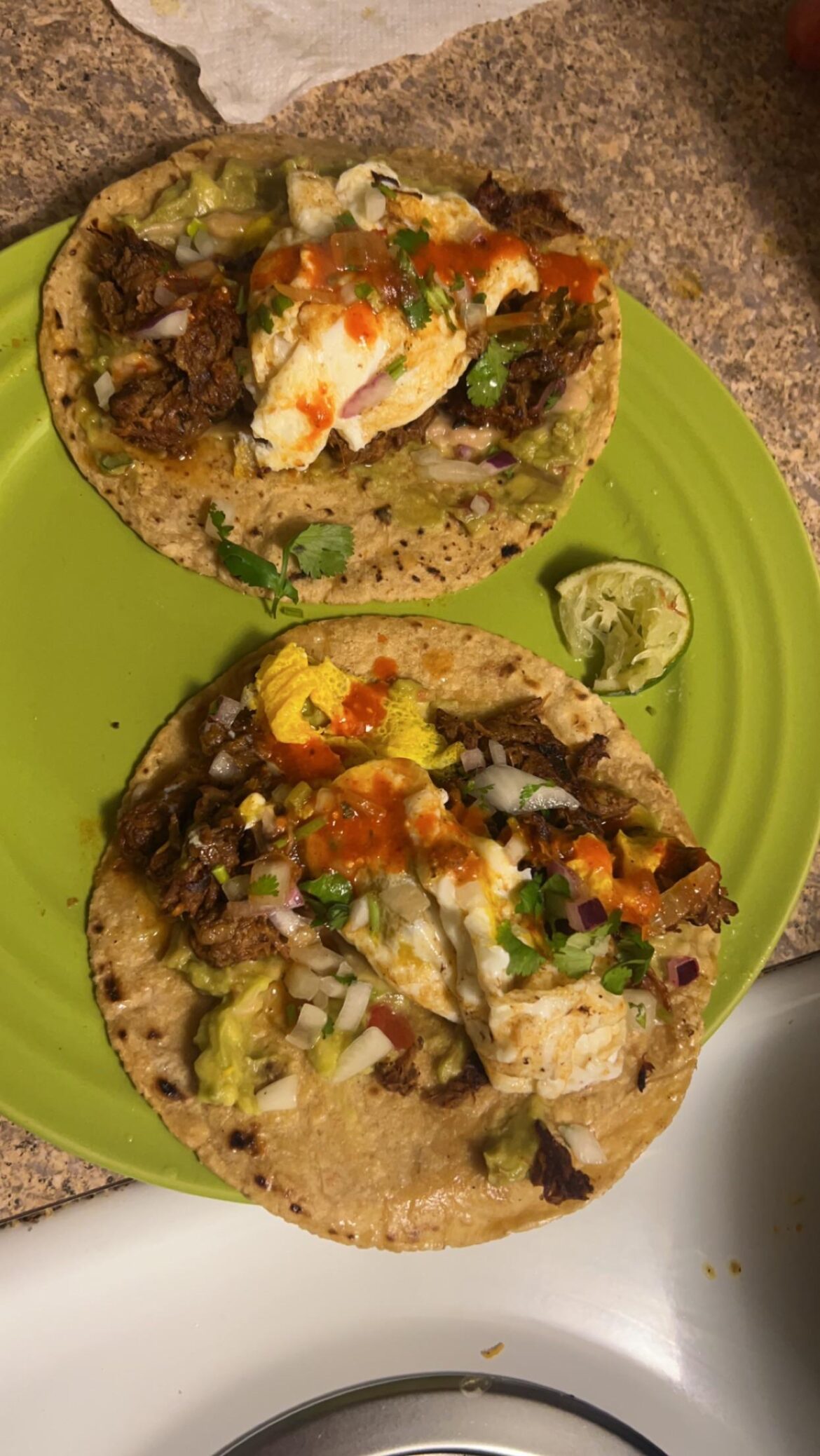 Leftover birria tacos, even better with a a fried egg.