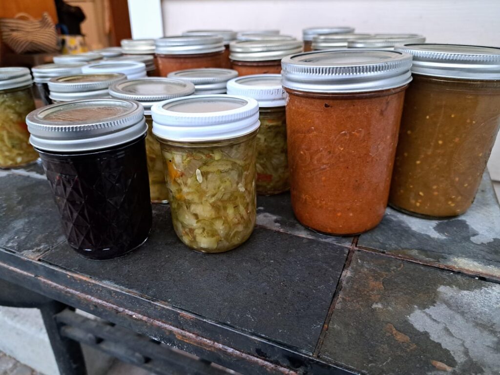 12 pints of tomato sauce, 8 half pints of blackberry jelly, and 9 half pints of sweet relish