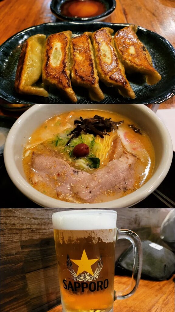 Shio ramen, veggie gyoza and Sapporo draught from Hokkaido Ramen Santouka Yonge/Eglinton