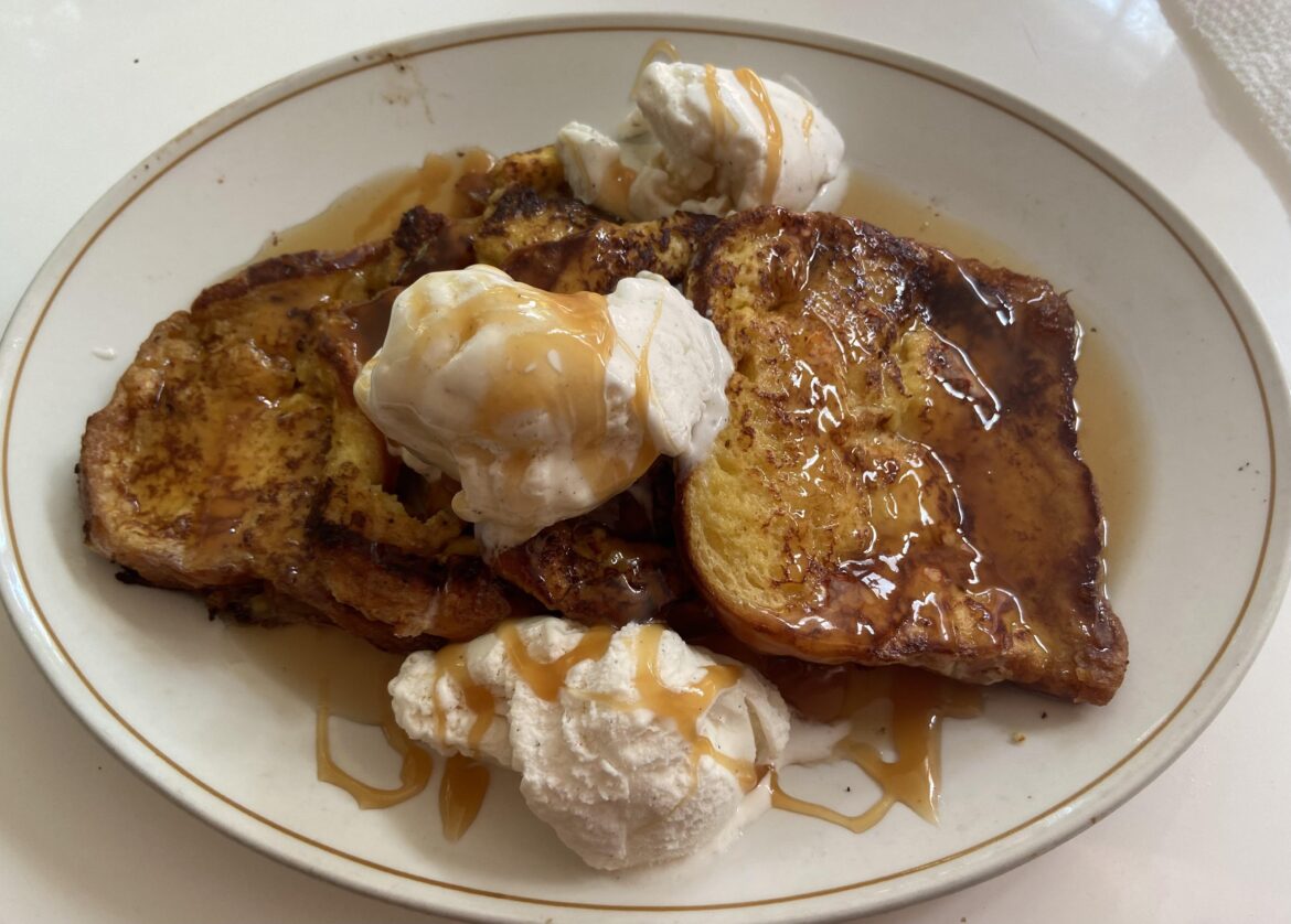 french toast, with vanilla ice cream, maple syrup and butterscotch.