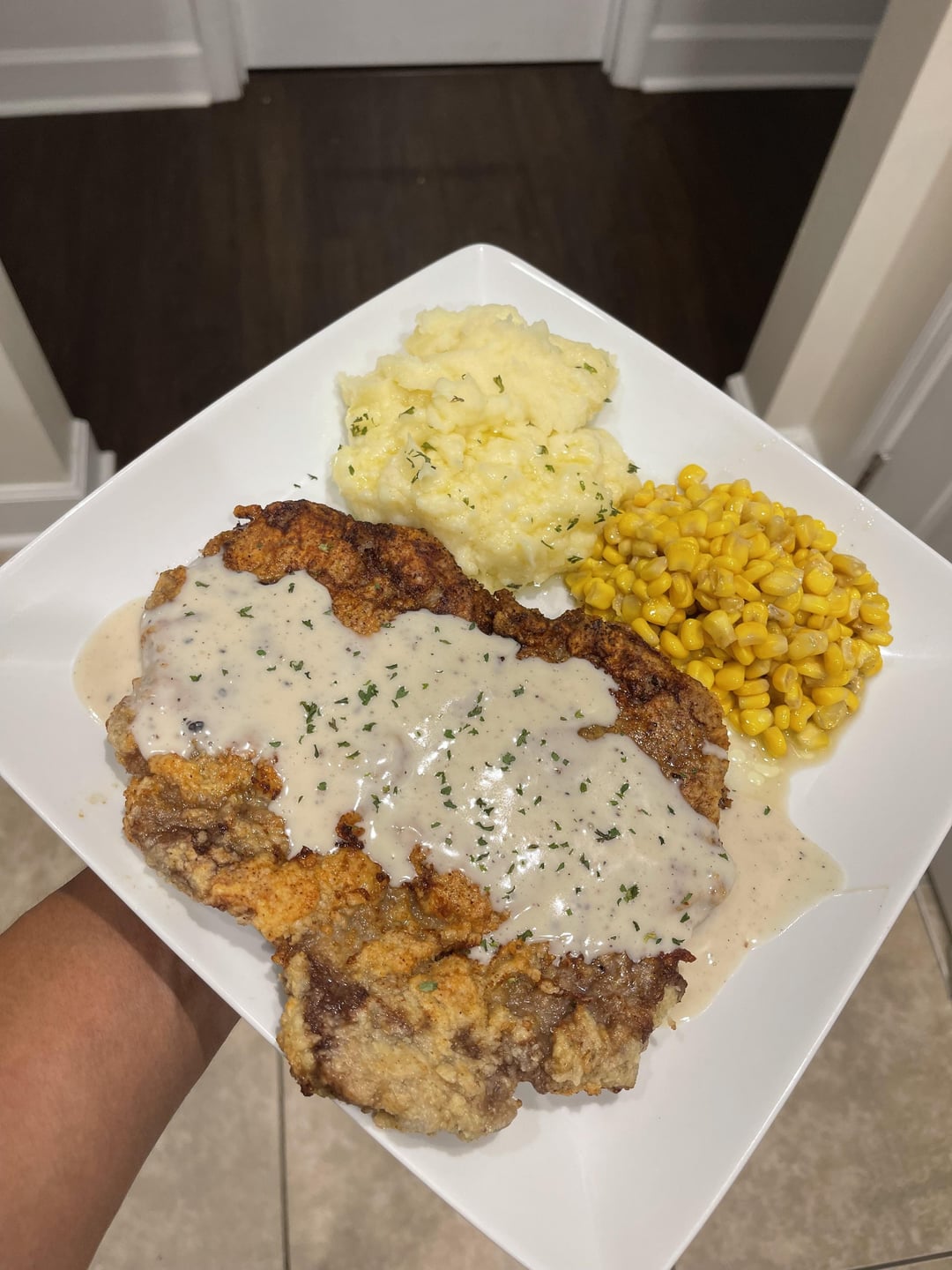 [Homemade] Chicken fried Ribeye steak with garlic mashed potatoes