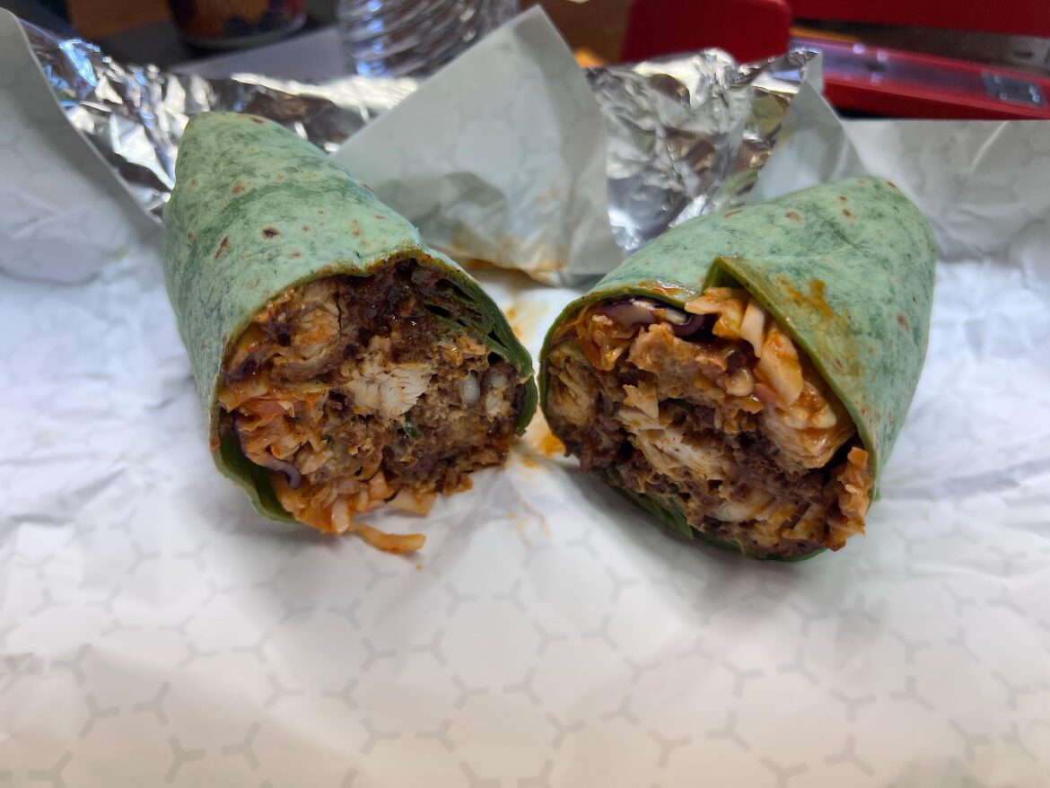Seoul Wrap w/Nashville hot chicken, kimchi slaw, chili paste, gochujang aoli, green onion. Niiiiice heat…Turbo Chicken Kzoo, MI