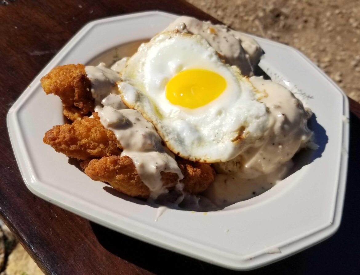 Biscuits, Southern-Fried Chicken Tenders, and Sausage Cream Pepper Gravy. Its the Sunday, "Wake up and Go Back to Sleep" Breakfast.