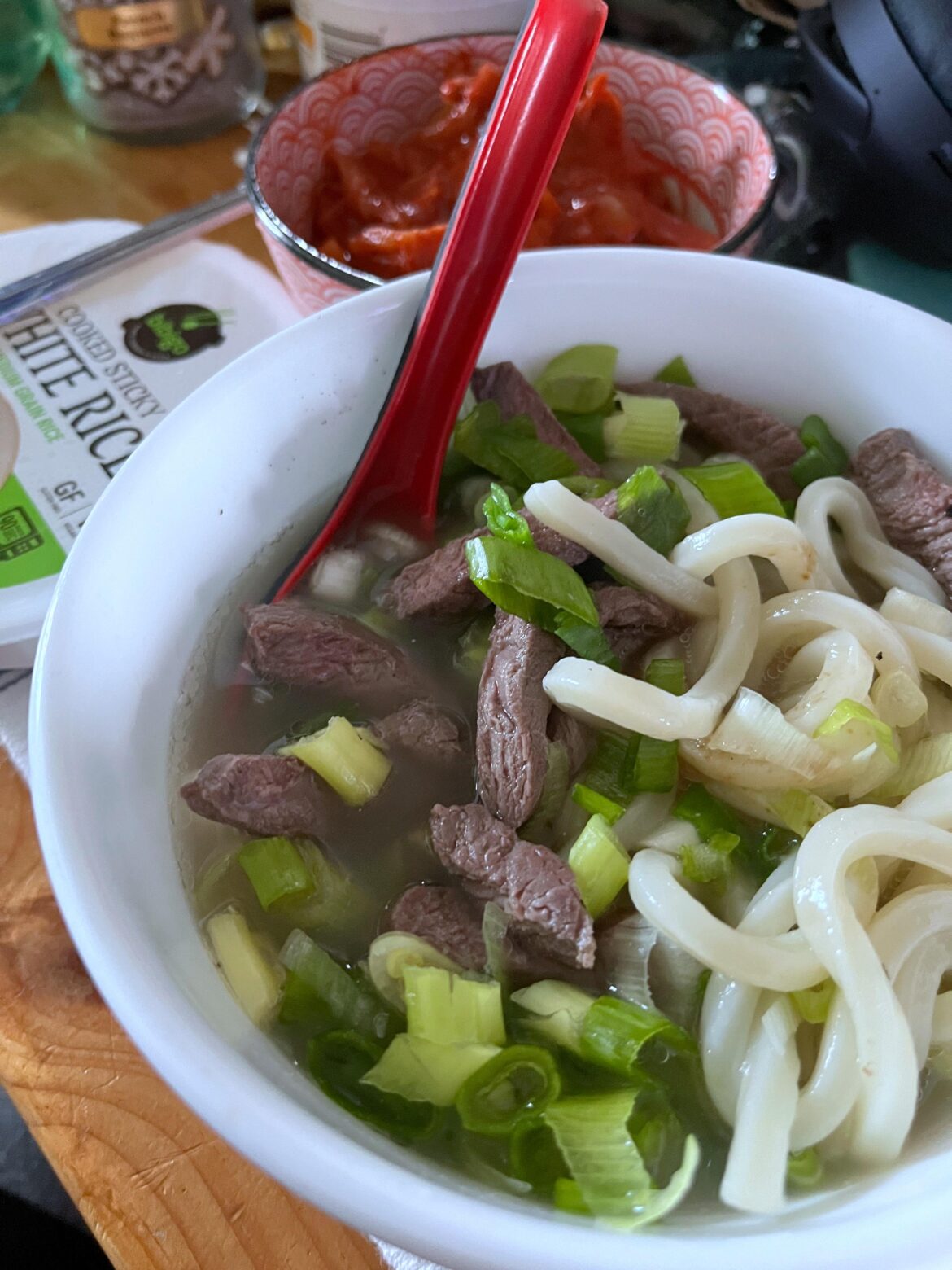 Udon with kimchi and homemade beef bone broth