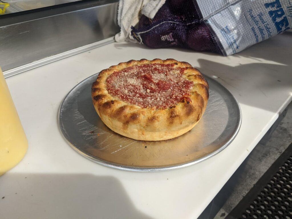 Baby Chicago stuffed pizza with twisted crust.