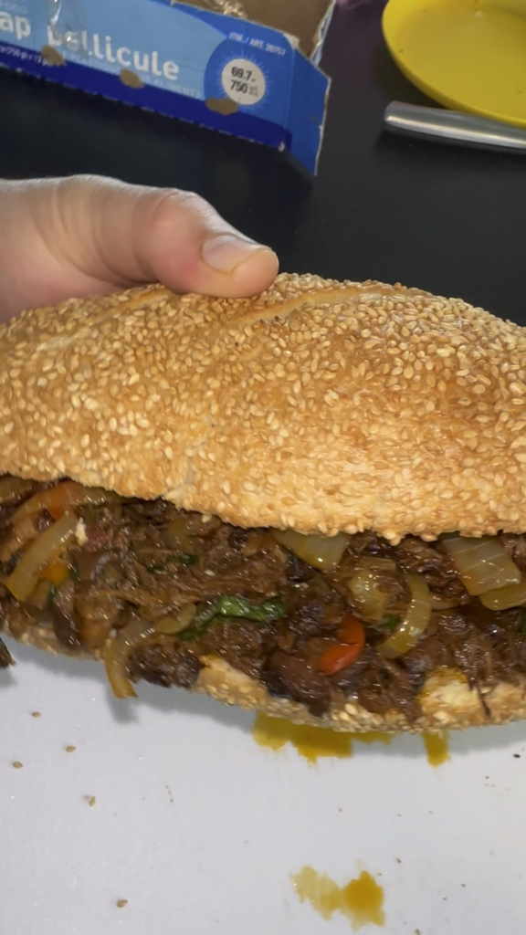 Beef sandwich for breakfast.