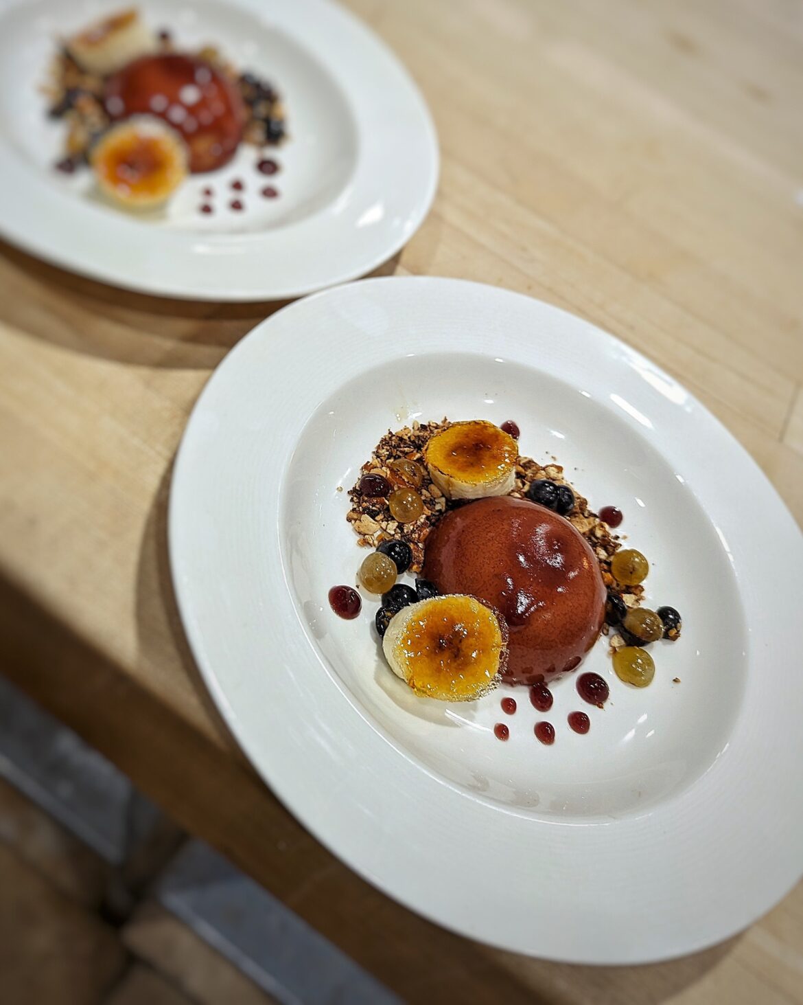 Peanut Butter Mousse with Concord Glaze, Chocolate Peanut Granola, Bananas Brûlée, Grape Gelee, Grapes from the Vineyard