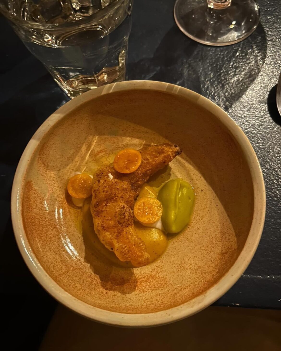 Tempura Kabocha Squash, Sichuan Spice, Purée made with Squash seeds & flesh & Goldenberries