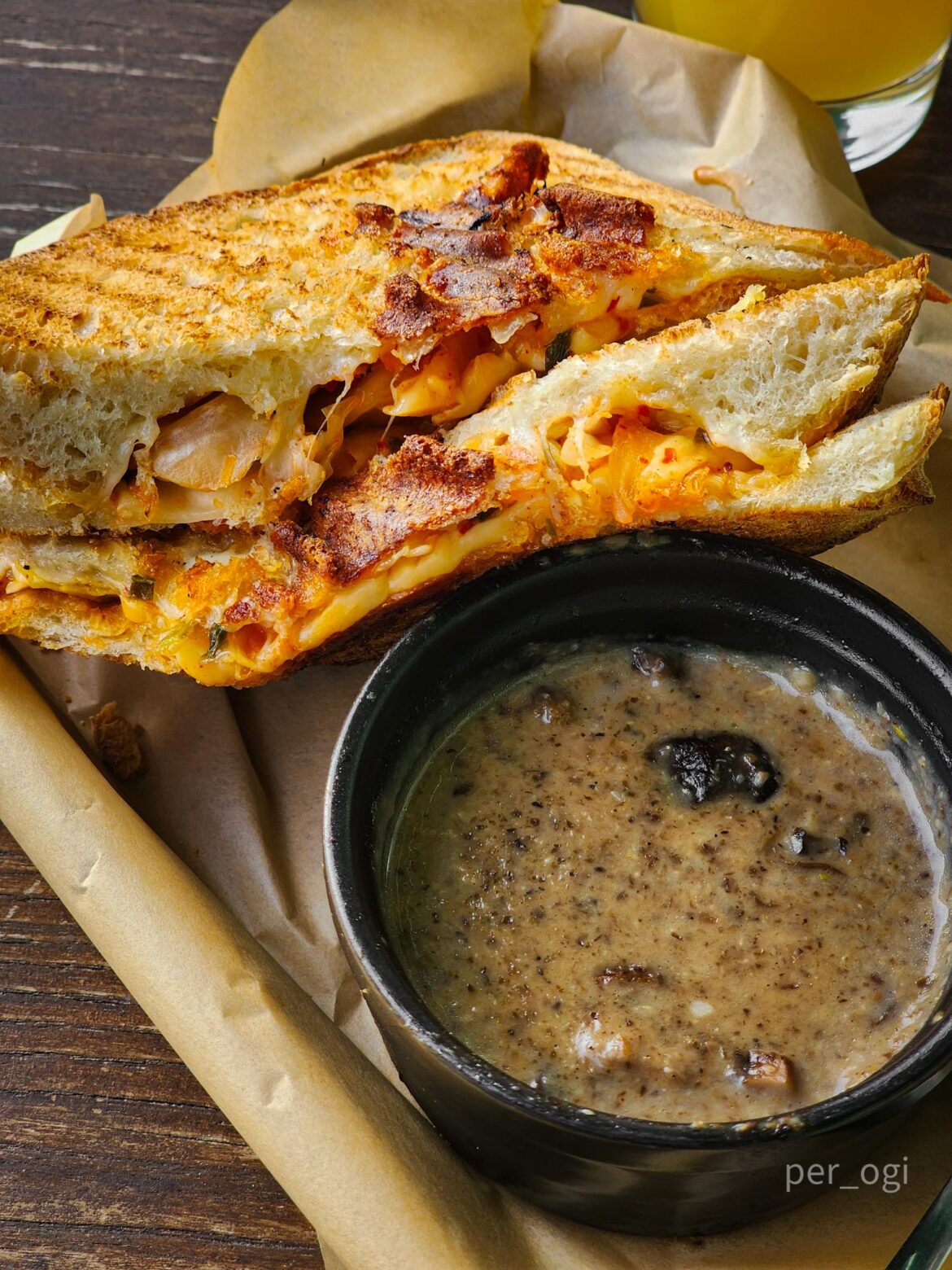 Kimchi grilled cheese w/ cream of mushroom soup
