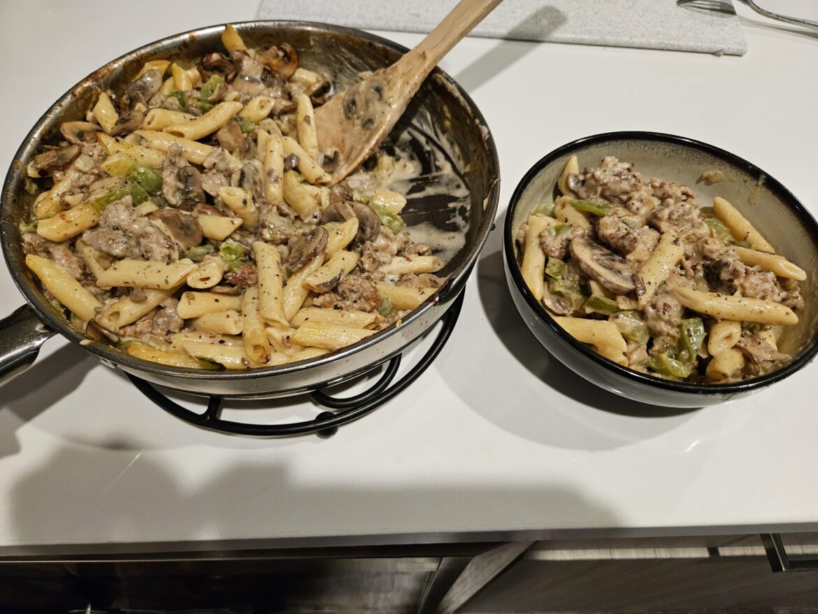 One-Pan Italian Sausage Penne w/Extra Swiss, Mushrooms, Peppers