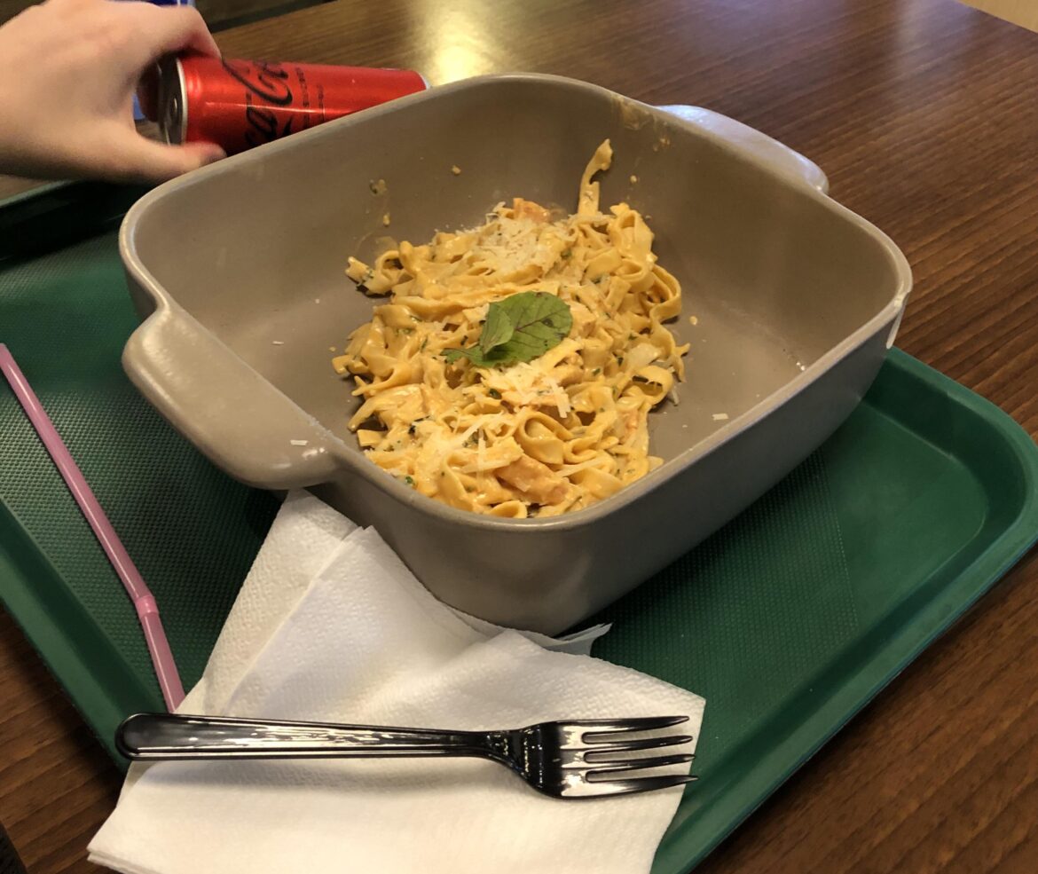 A baking tray way oversized for pasta on a plastic tray? Yes please