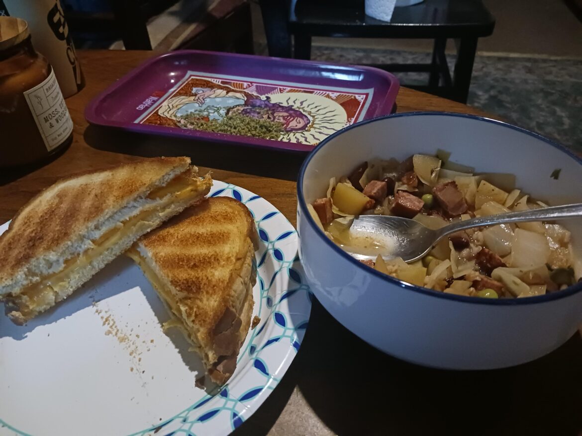 Update to the soup, I made a grilled cheese to go with it (not frugal though)