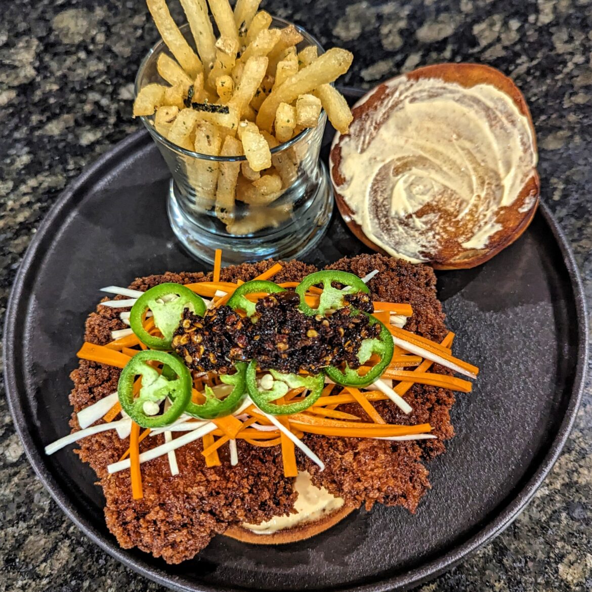Bánh Mì inspired Fried chicken sandwich with furikake fries