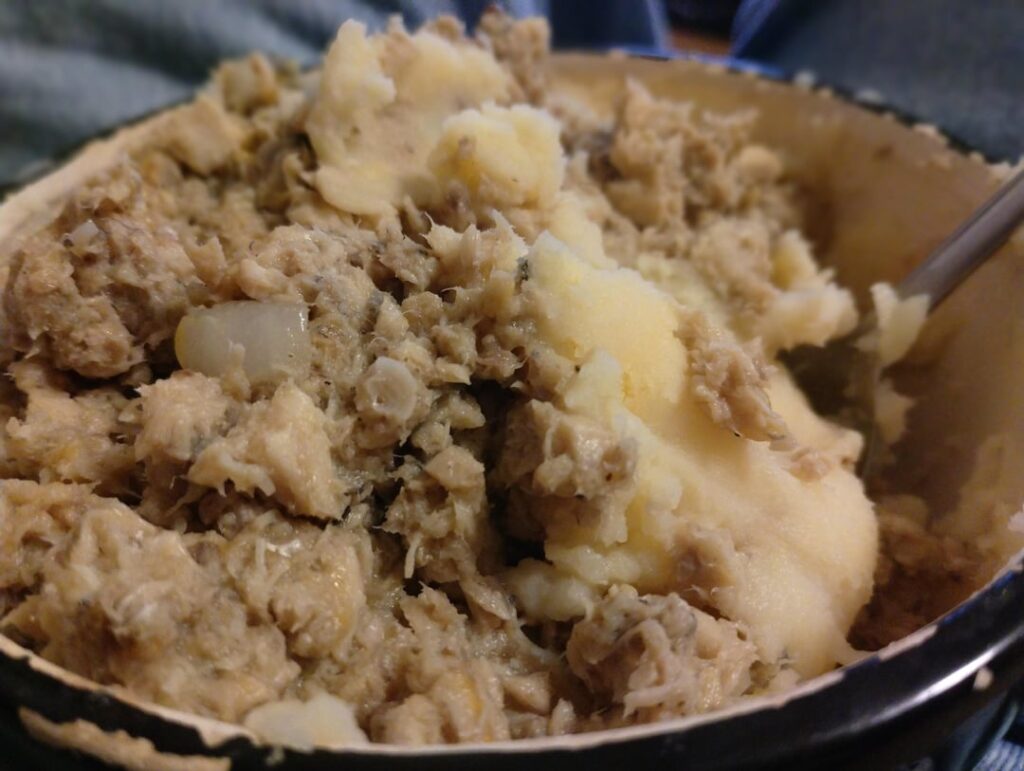 Well, it's that time of the month again.. scrounged around the pantry and came up with sauteed onion Salmon with salt, pepper, and lemon juice served over mashed potatoes.. it tastes a lot better than it looks lol.