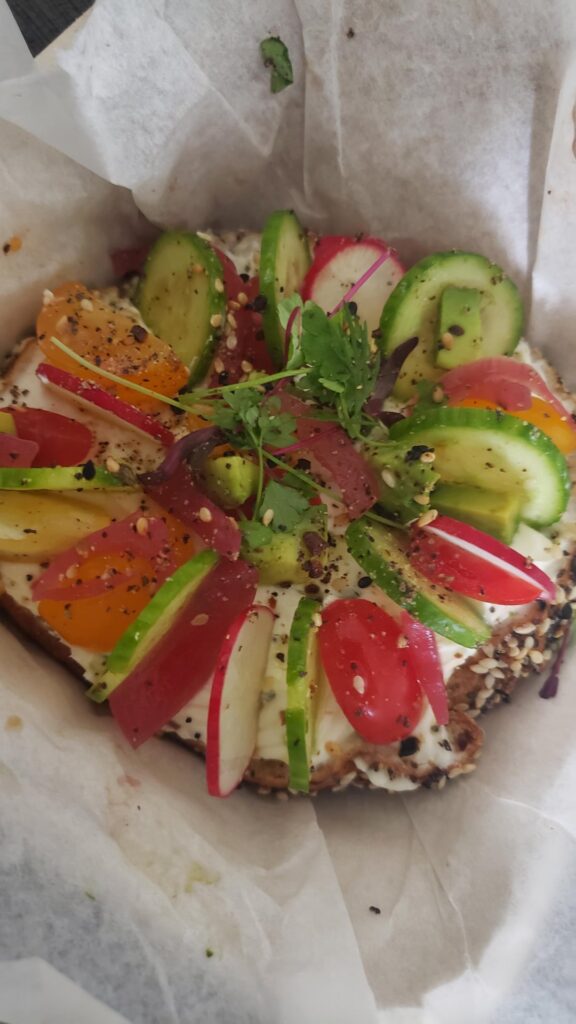 Offset Coffee - Plain Bagel w/ Farmer's Market Veggies & Gluten Free Everything Bagel w/ Smoked Salmon