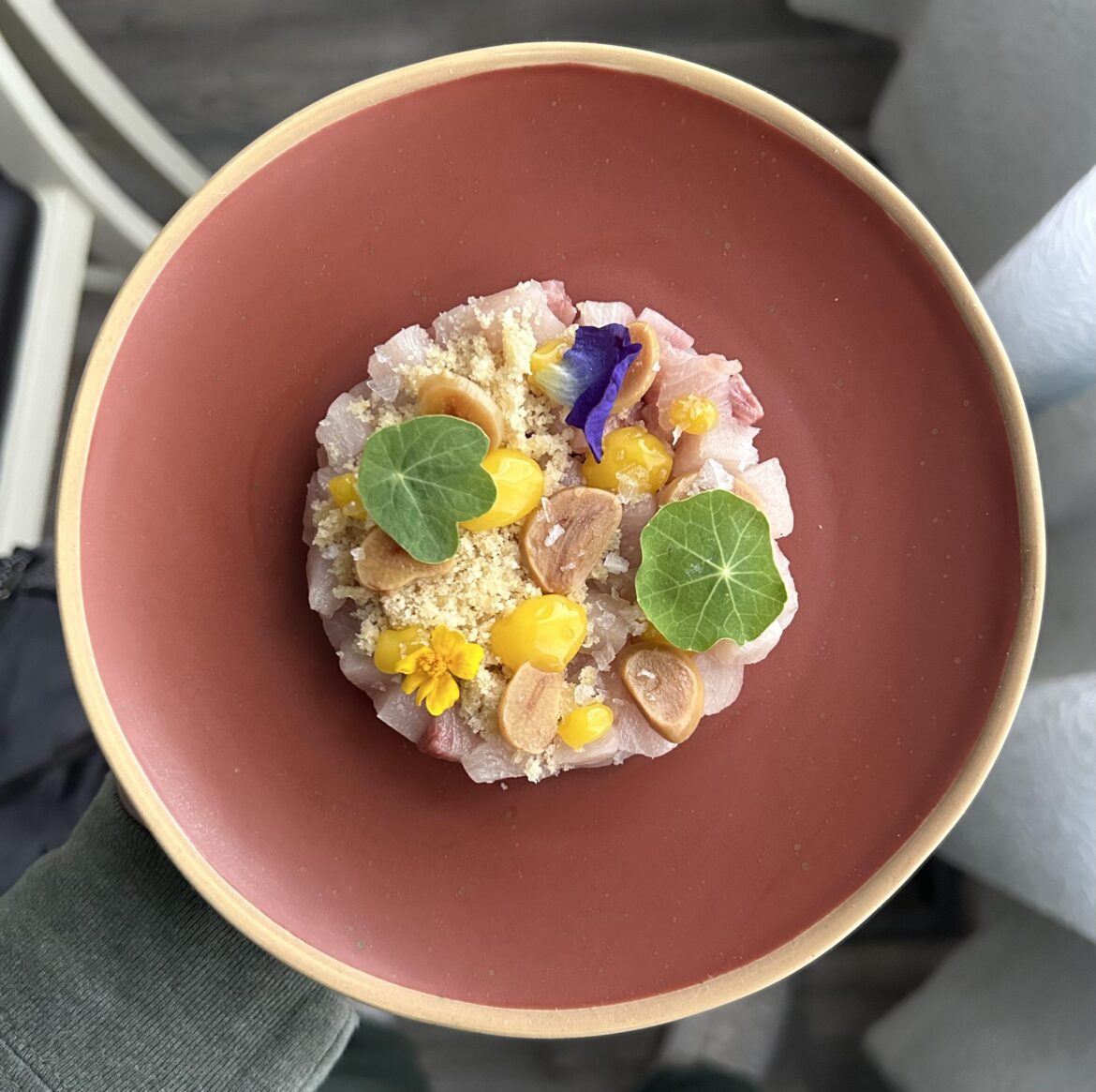 Hamachi tartare, egg yolk jam, black vinegar pickled garlic, and salt and vinegar chip crumb