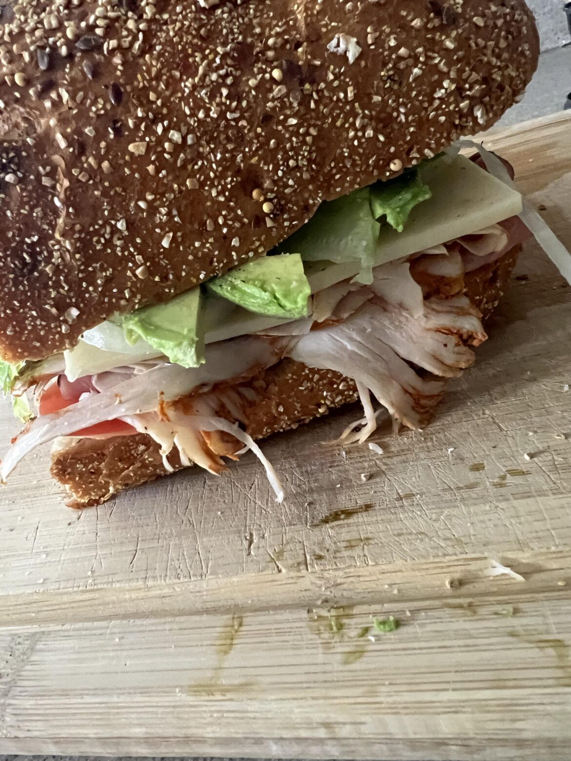 I Ate… Turkey, Ham, avocado, onion, tomato, pepper jack cheese, mayo, mustard, olive oil, salt + pepper … 😊