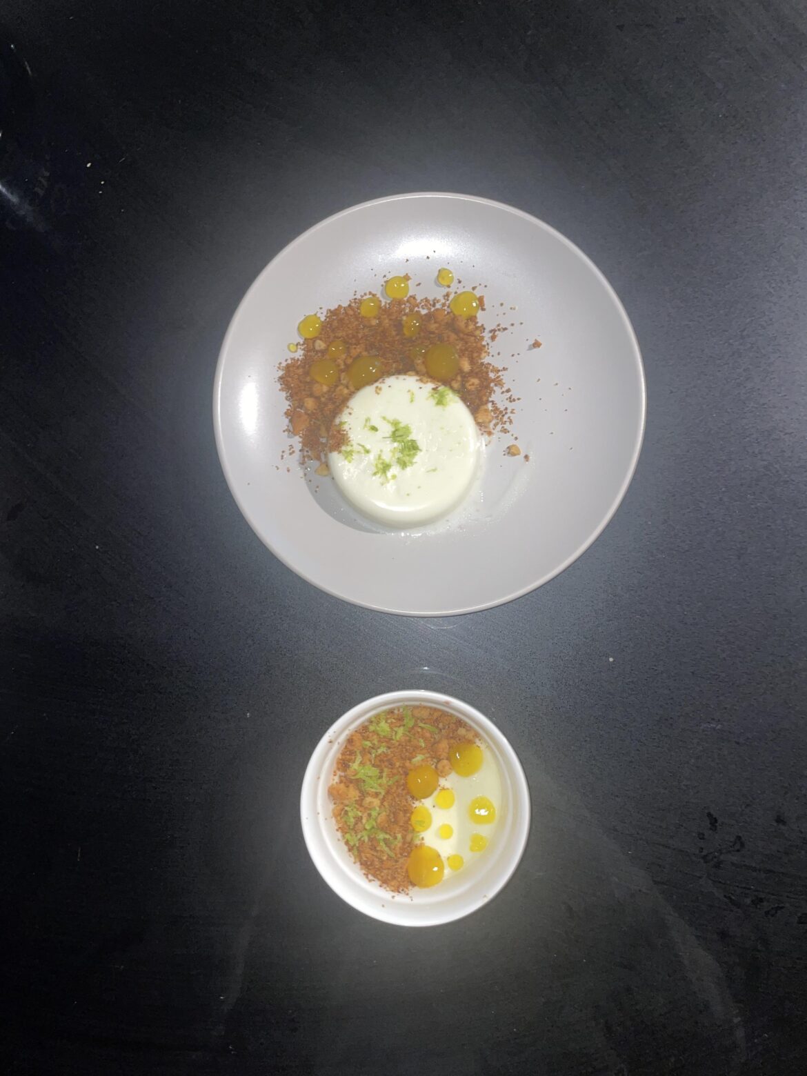 Cardamom lime panna cotta, almond cardamom crumble, lemon saffron gel