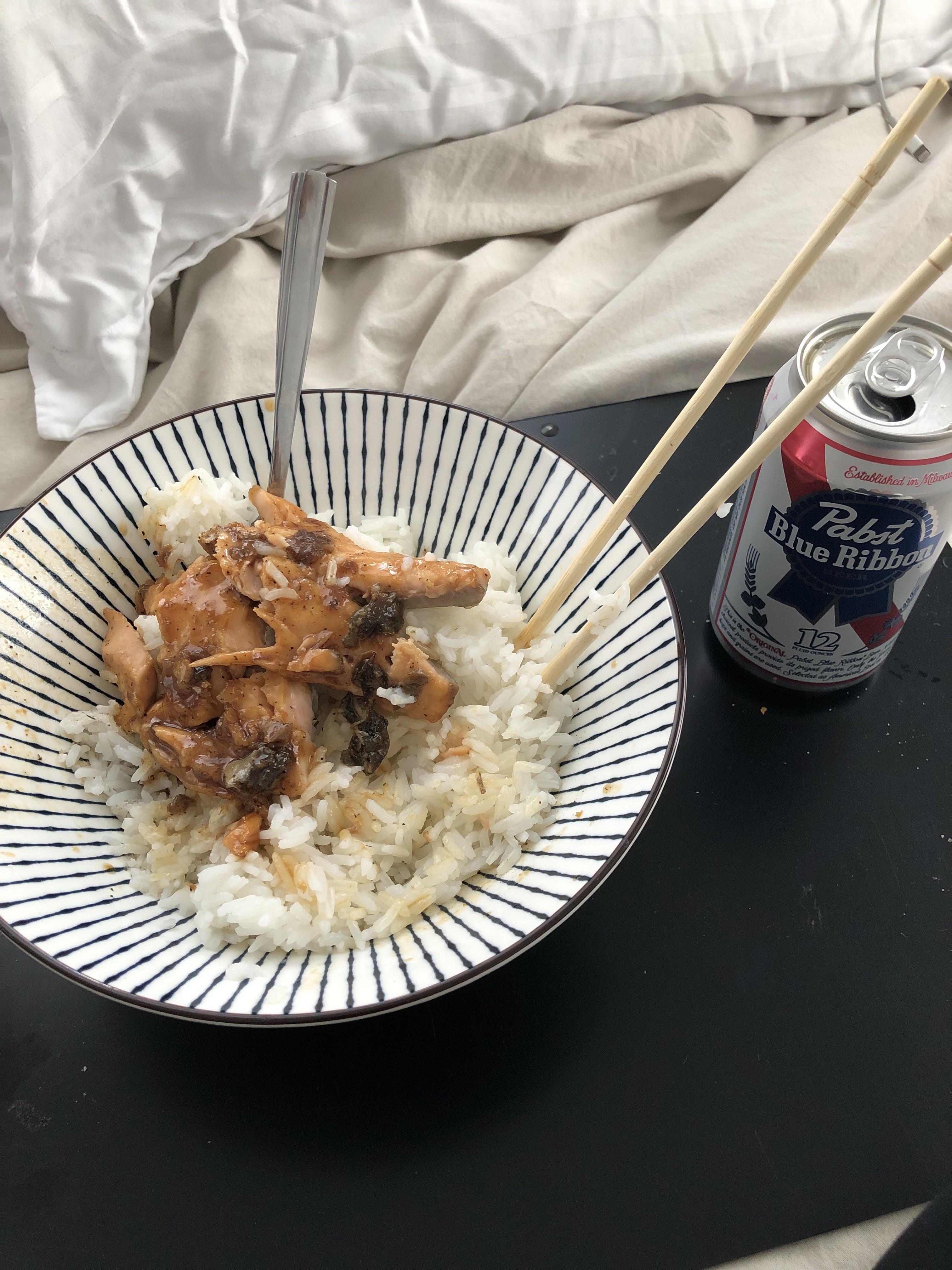 Brown sugar and ramen packet glazed Salmon and rice ….5 PBR’s in