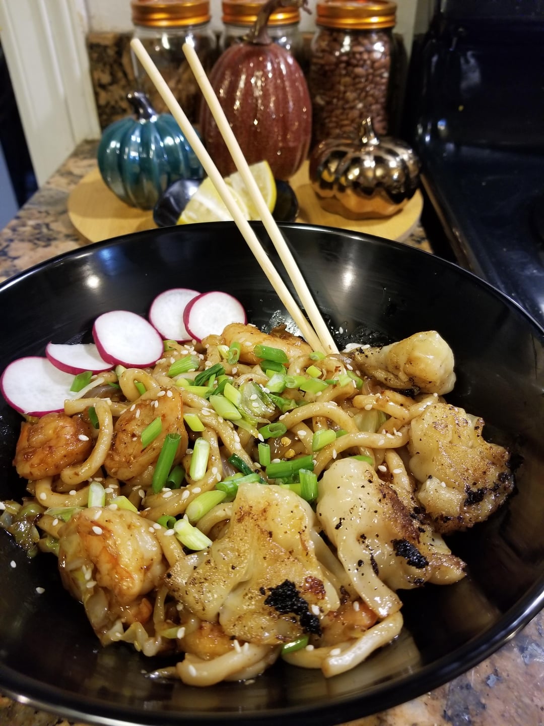 Shrimp udon stir fry with fried wontons Dining and Cooking