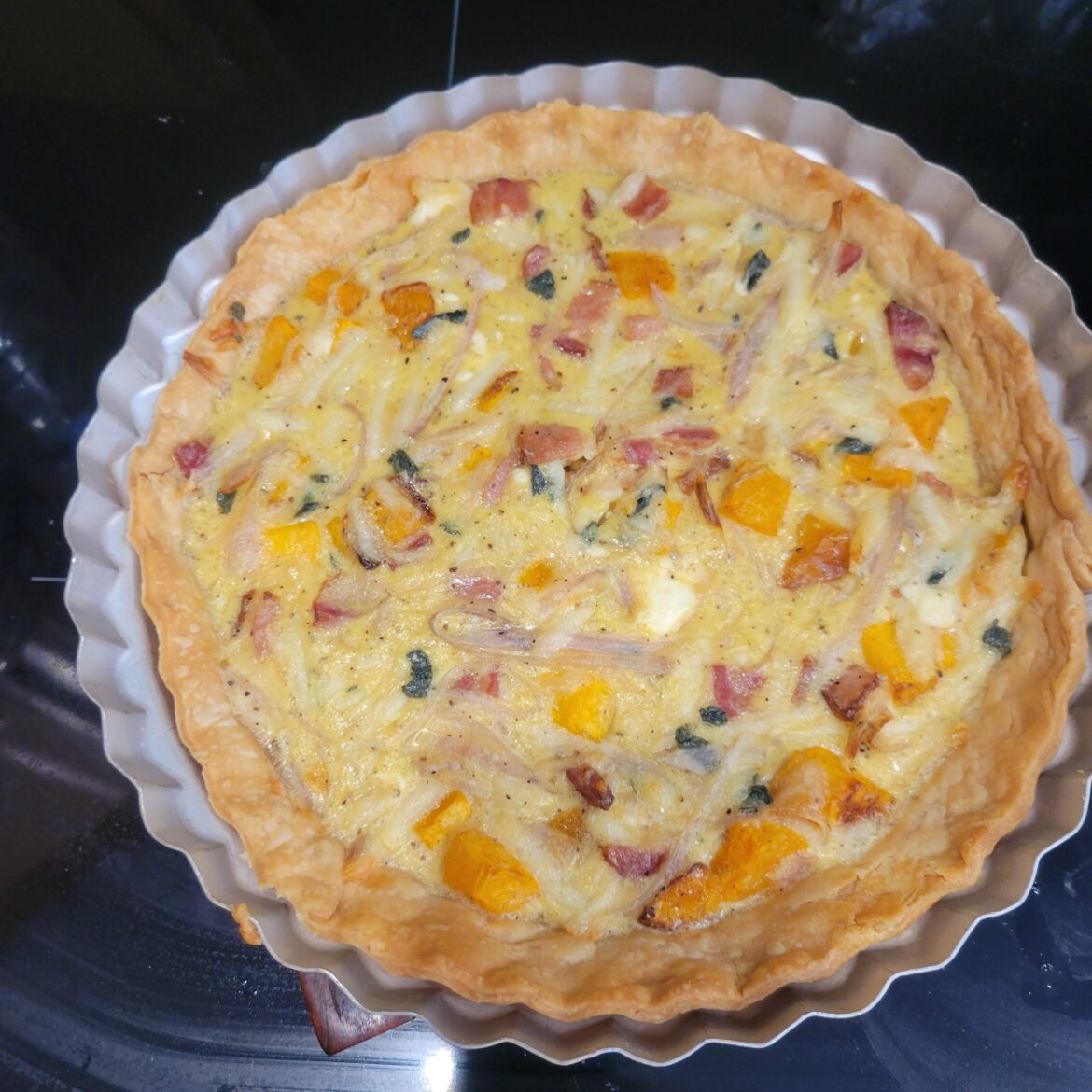 Harvest Butternut Squash and Bacon Quiche 10/10, even with HF breaking one of the eggs