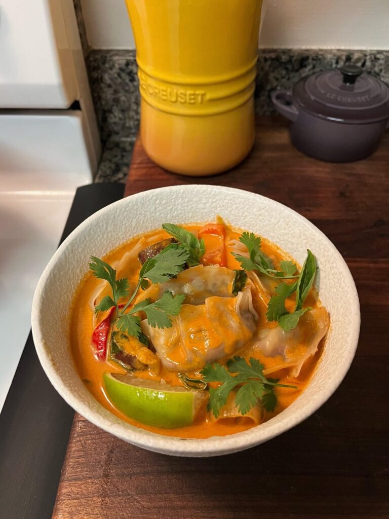 Red Thai curry dumpling soup