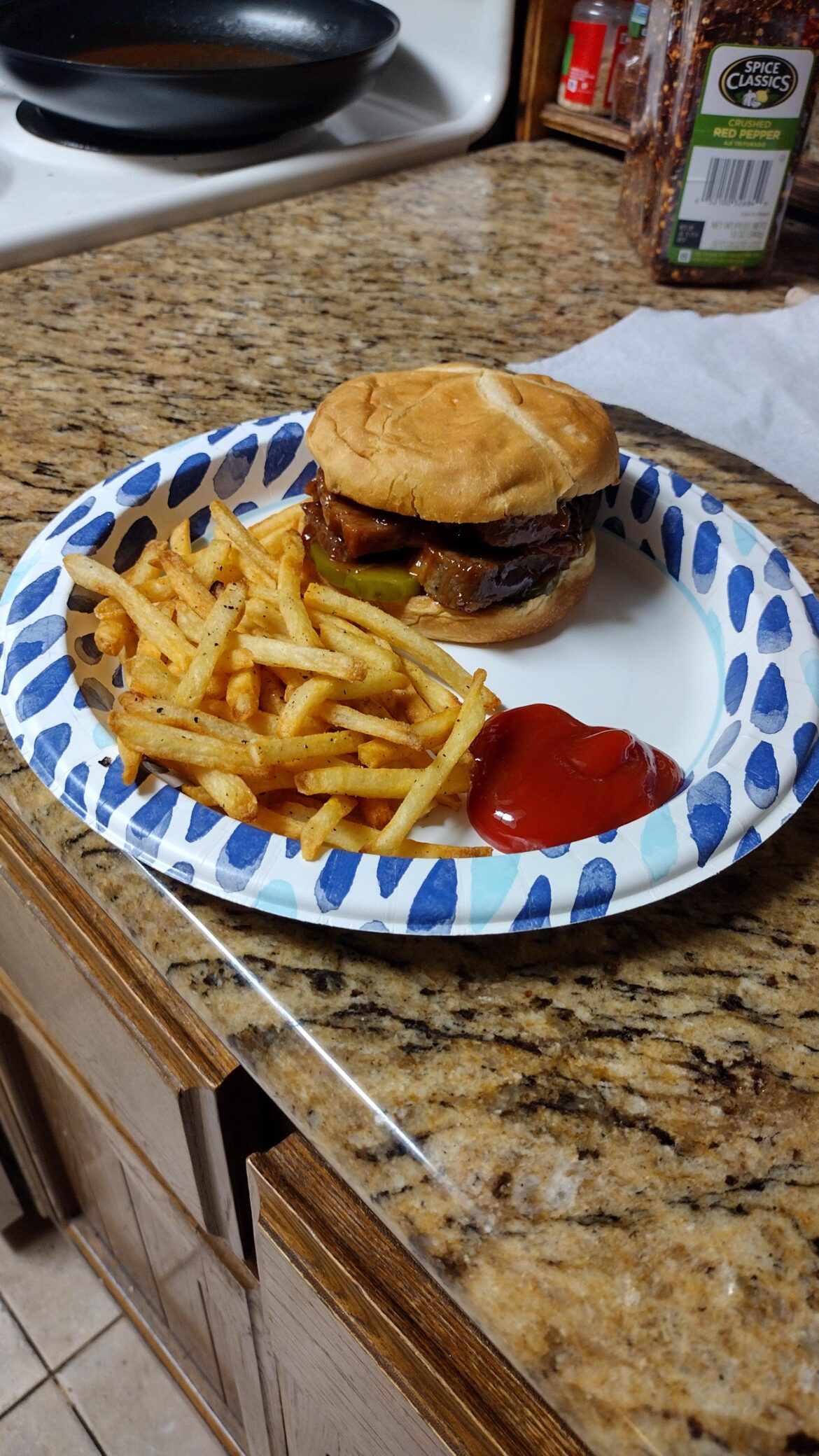 Homemade Beef Brisket Sandwich With Pickles, and Shoestring Fries