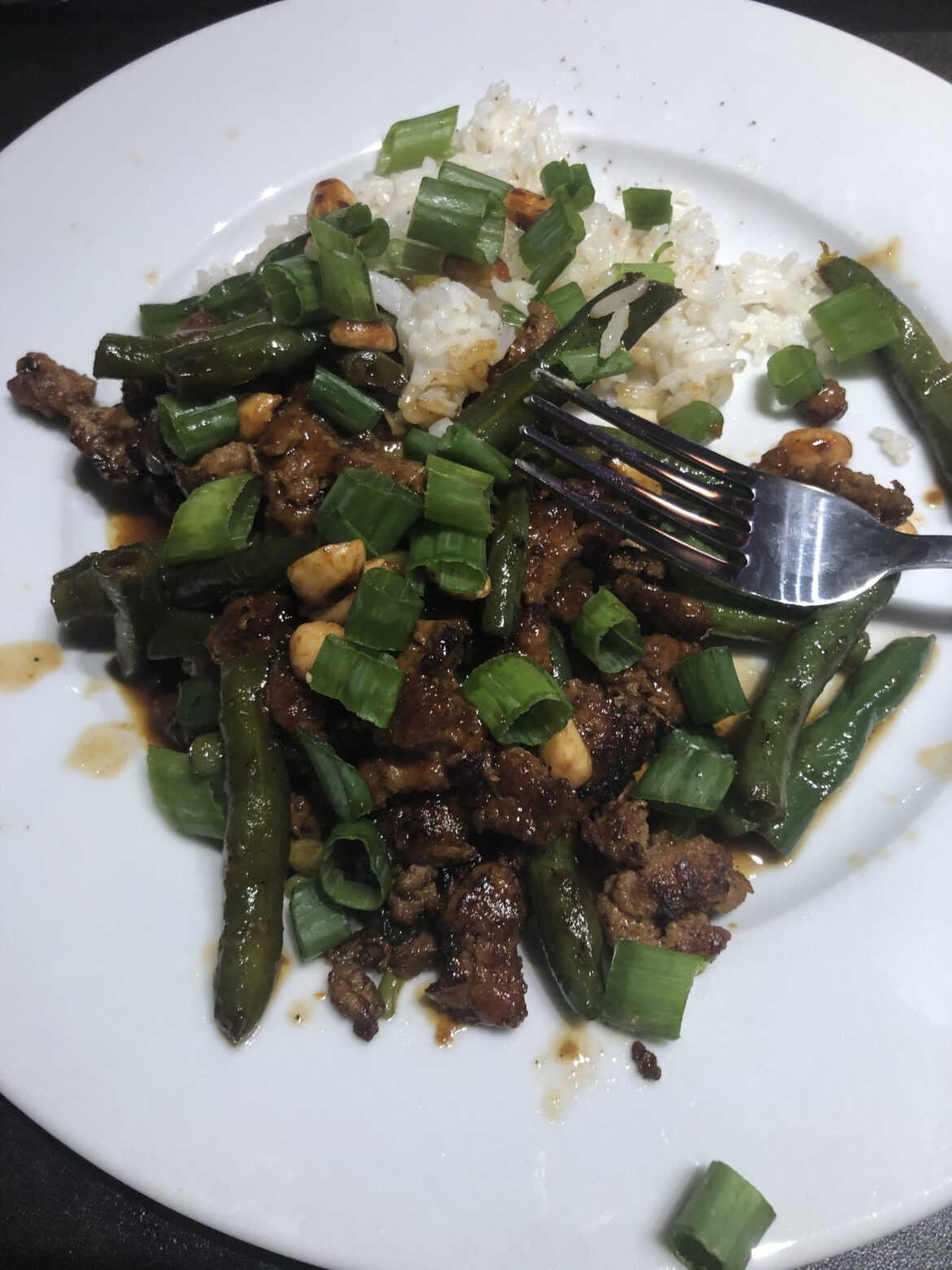 10/26/23: Szechuan Pork and Green Bean Stir Fry (plus fork makes a cameo lol)
