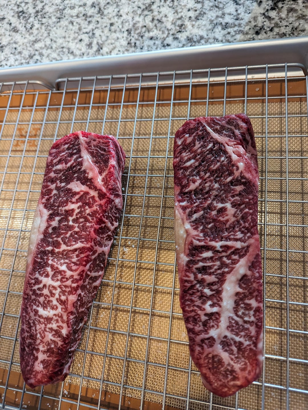 American Wagyu strips from HEB. Brought to temperature in the microwave and then seared with a