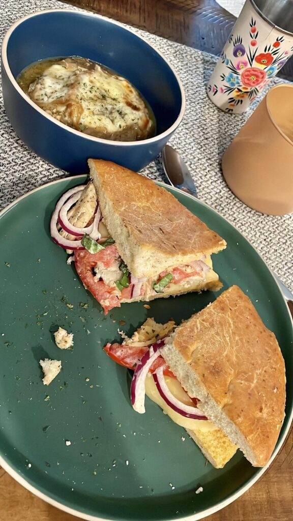 Copycat Panera Pick 2 - Frontega chicken sandwich and French onion soup.