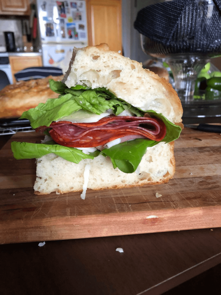 Spanish cured meats with lettuce, fontina, mayo, all on home made focaccia