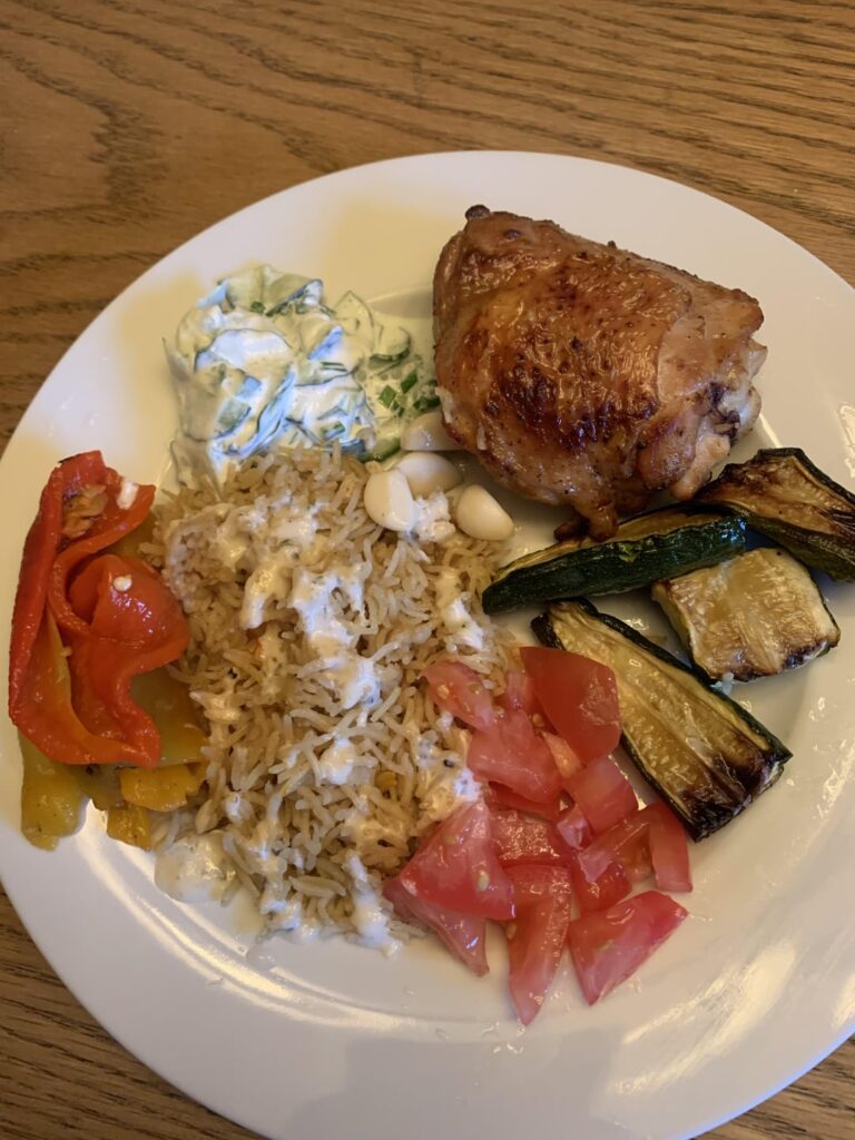 Loosely inspired by Serious Eats’ “halal cart chicken” recipe