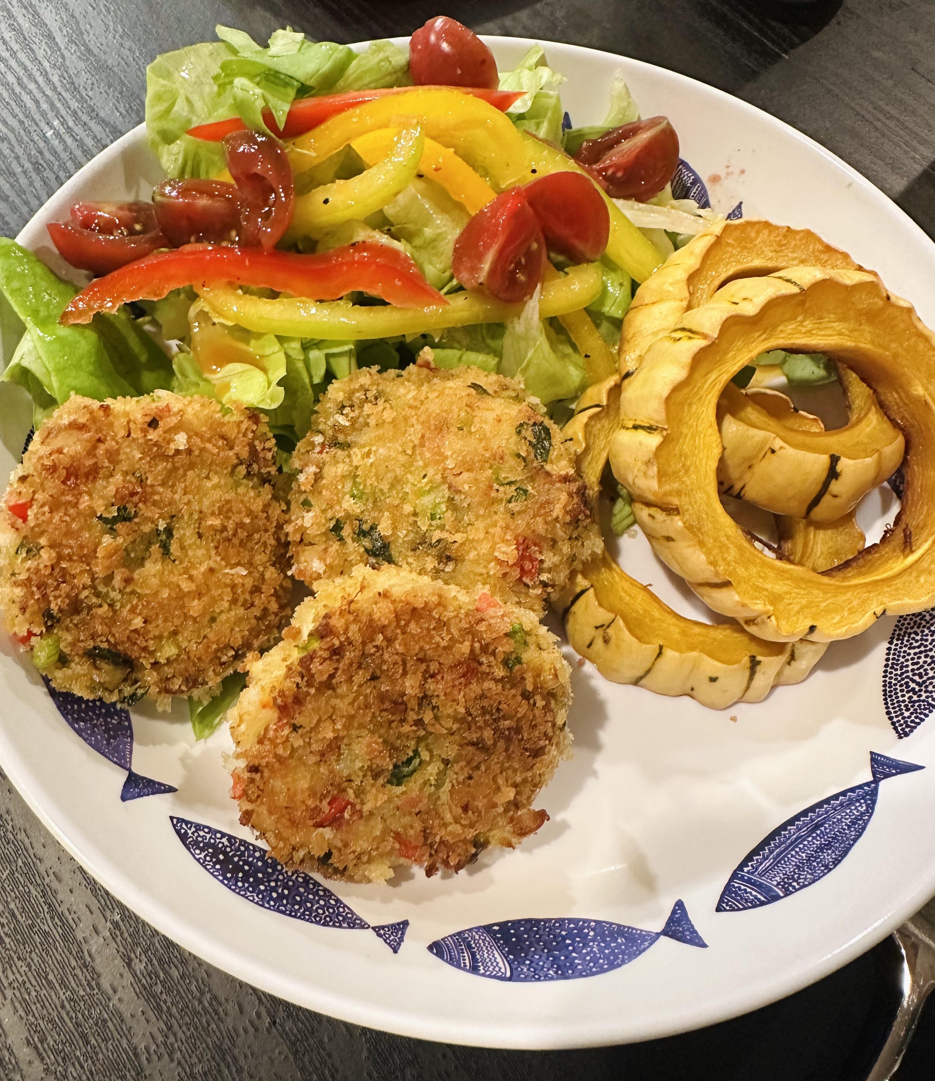 Dungeness crab fresh caught today!! Crab cakes with roasted squash and salad Dining and Cooking