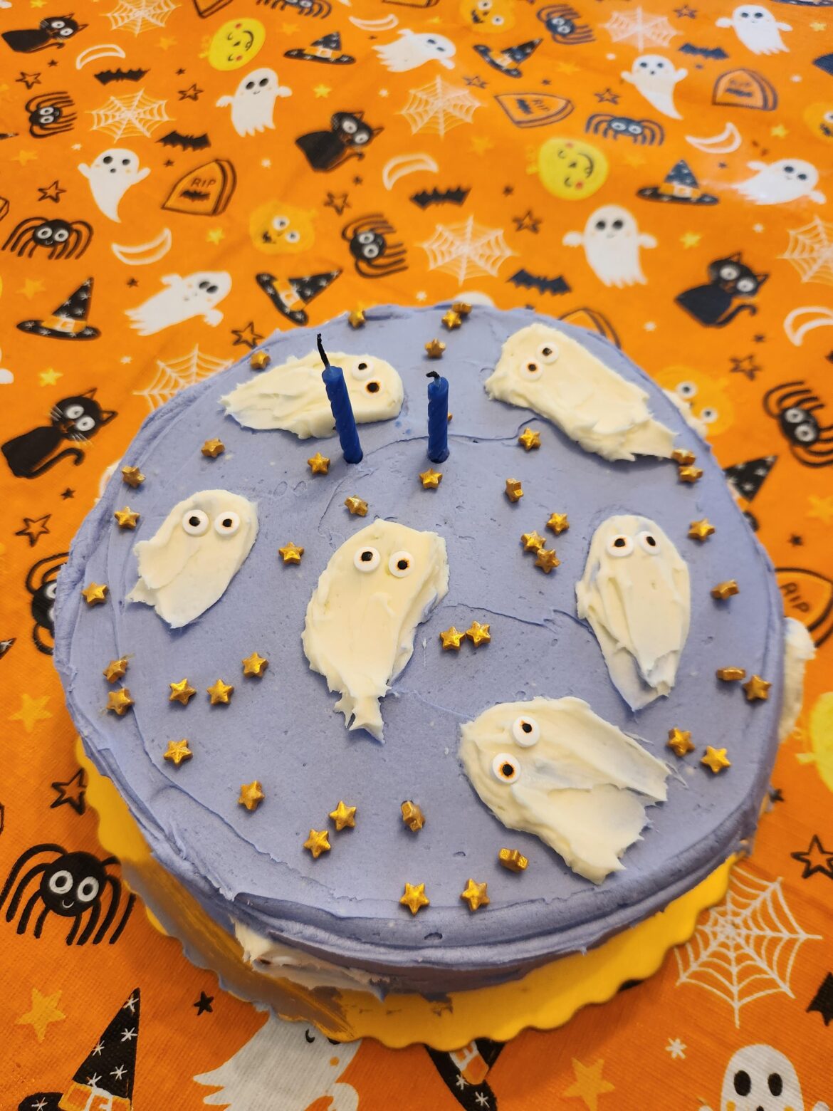 A "2 Spooky" cake for my son. Vanilla cake, with Silk whipped cream/raps jam filling and plant-based butter cream. No milk and no eggs due to allergies.