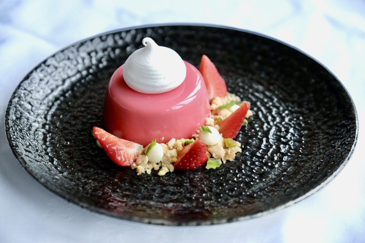 Strawberry mousse, Shortbread crumb, White chocolate, basil, meringue