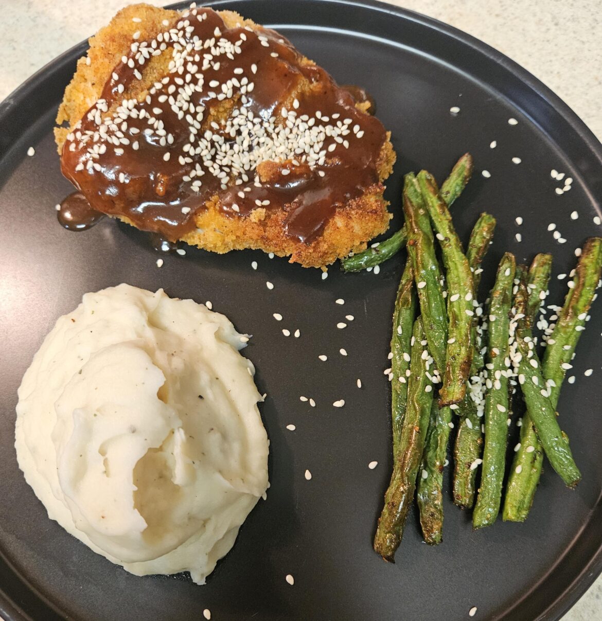 Chicken Katsu with roasted green beans and Garlic mashed potatoes