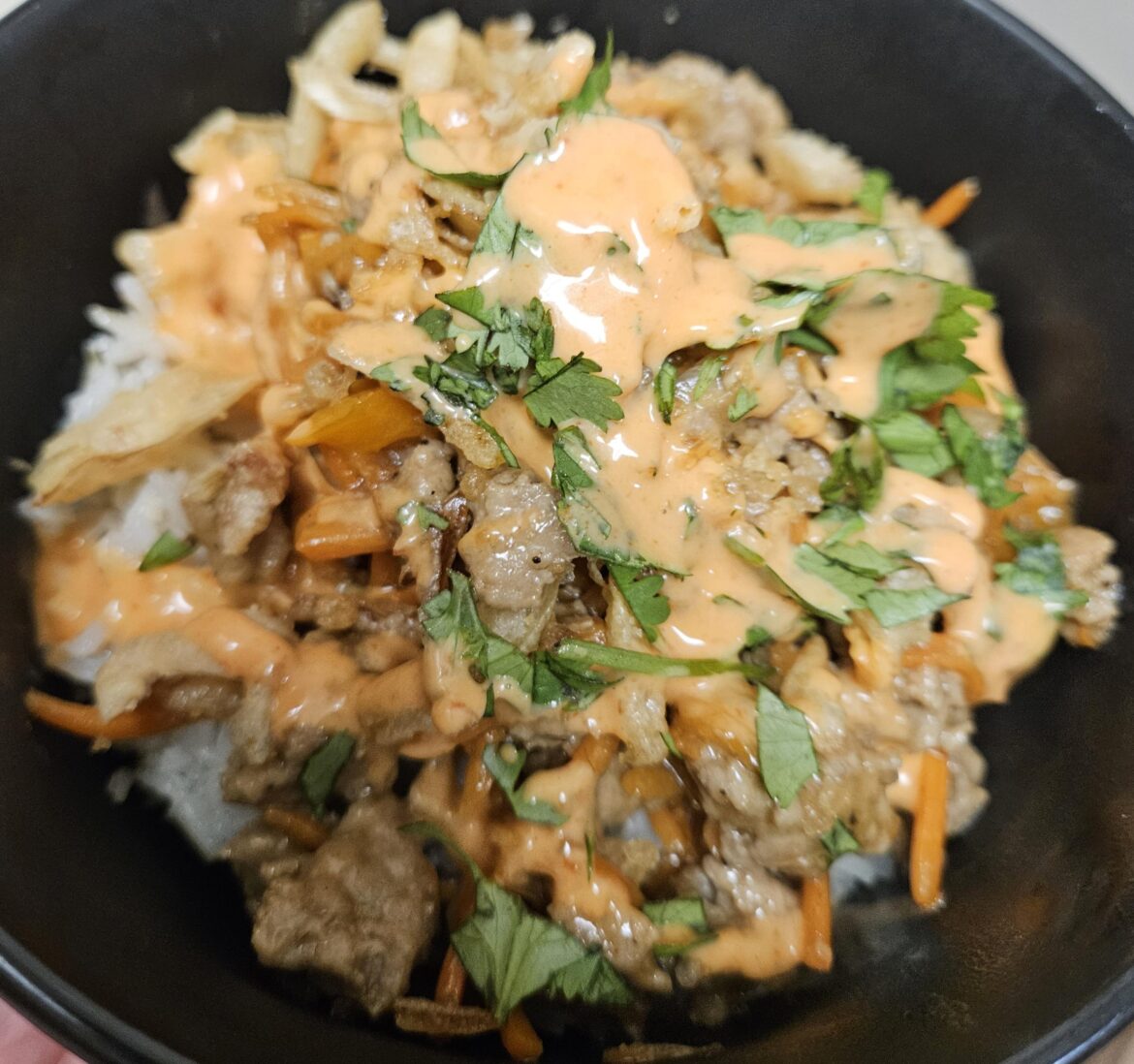 Sesame Pork Bowls with Siracha Mayo, Cilantro & Crispy Onions