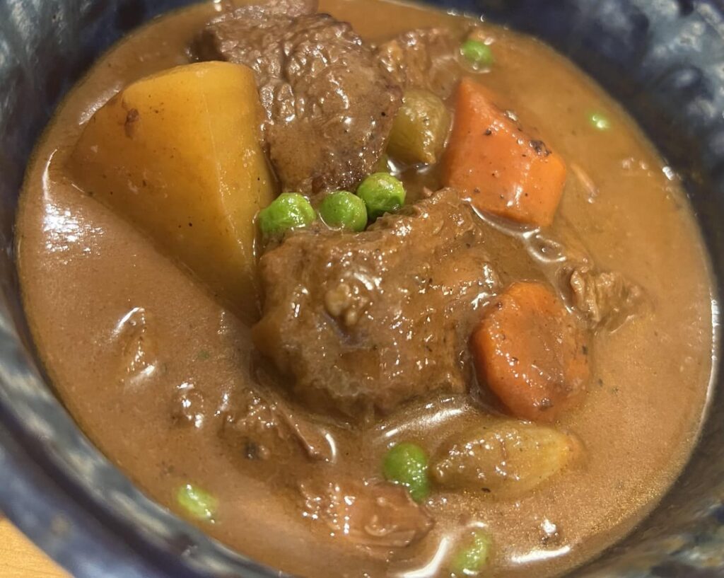 Kenji’s beef stew recipe, including feeding the pups the carrot scraps, per video instructions.