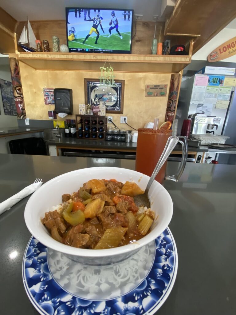 Rutt’s Hawaiian. Beef stew and a Michelada for lunch.