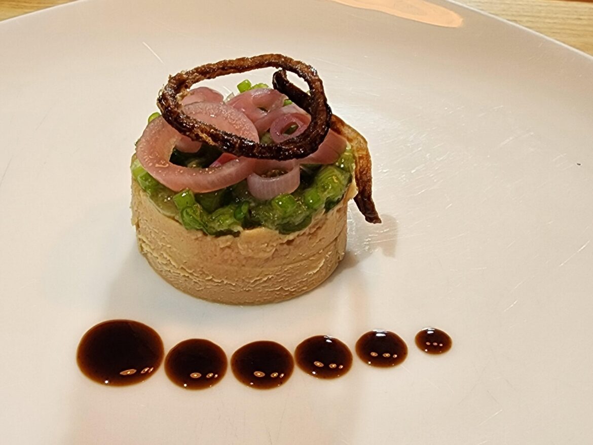 "Liver and Onions" Foie Gras Torchon with Green Onion Jam, Pickled and Tobacco Shallots, Burnt Onion Jus