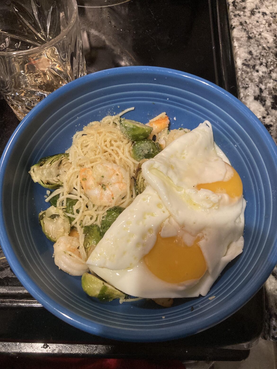 Leftover shrimp scampi w/ Brussels sprouts. Wasn’t quite enough for a meal so…