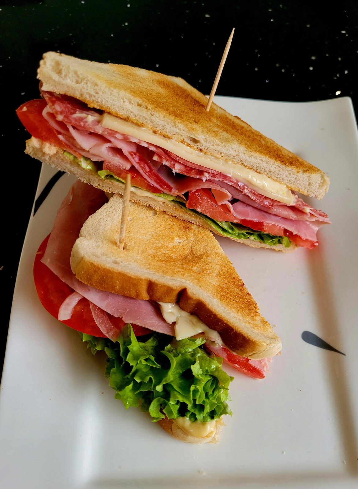 Salami, ham & edam cheese sandwich
