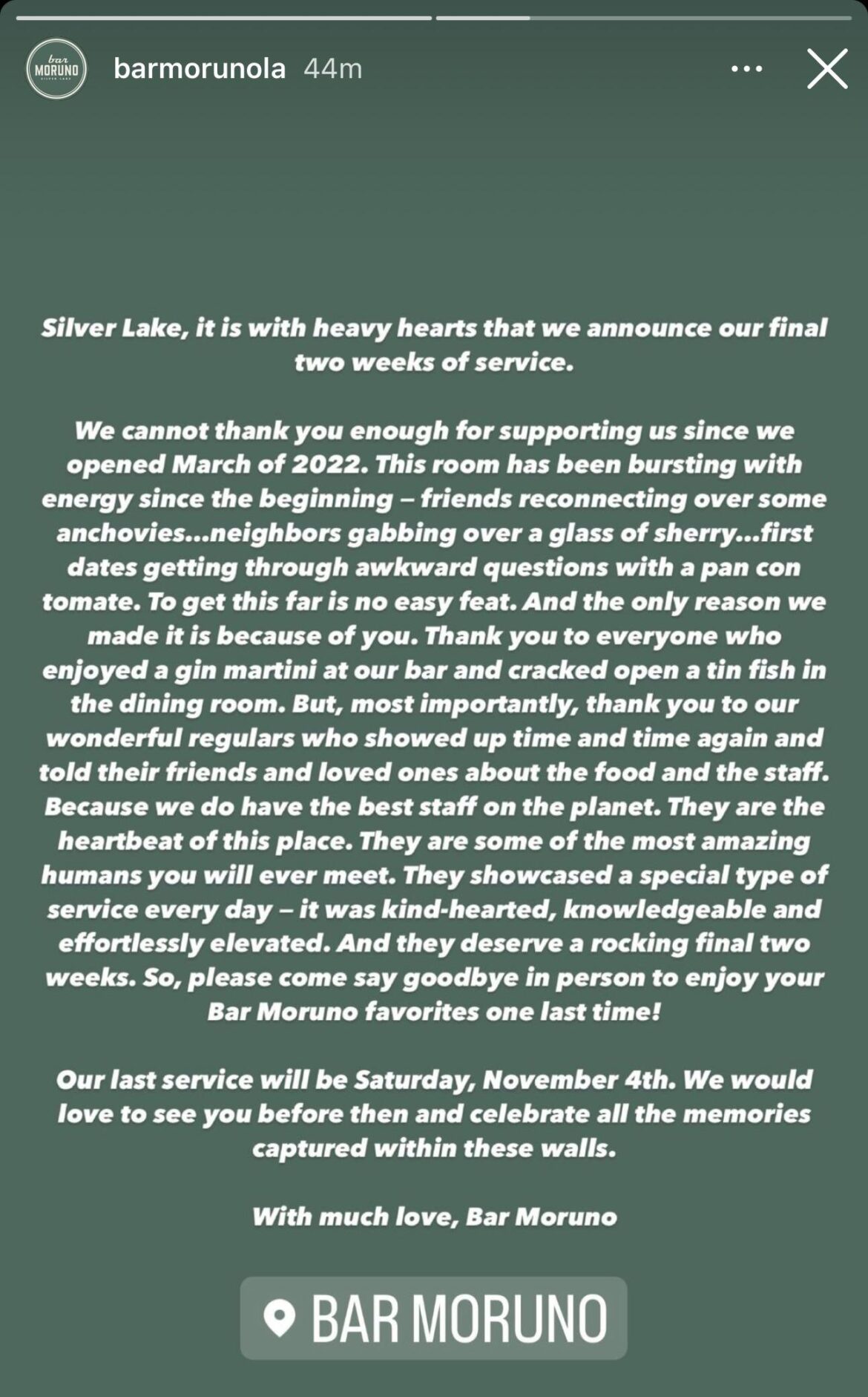 Bar Moruno to close after service on Nov 4