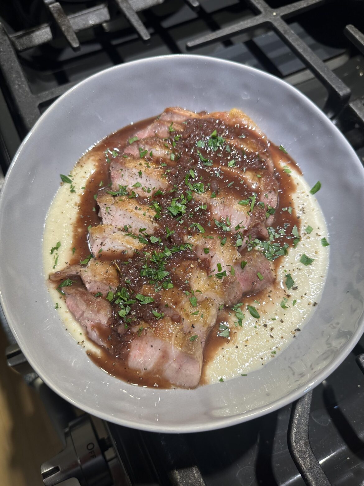 48hr dry brined pork chop over Parmesan cauliflower puree with red wine reduction