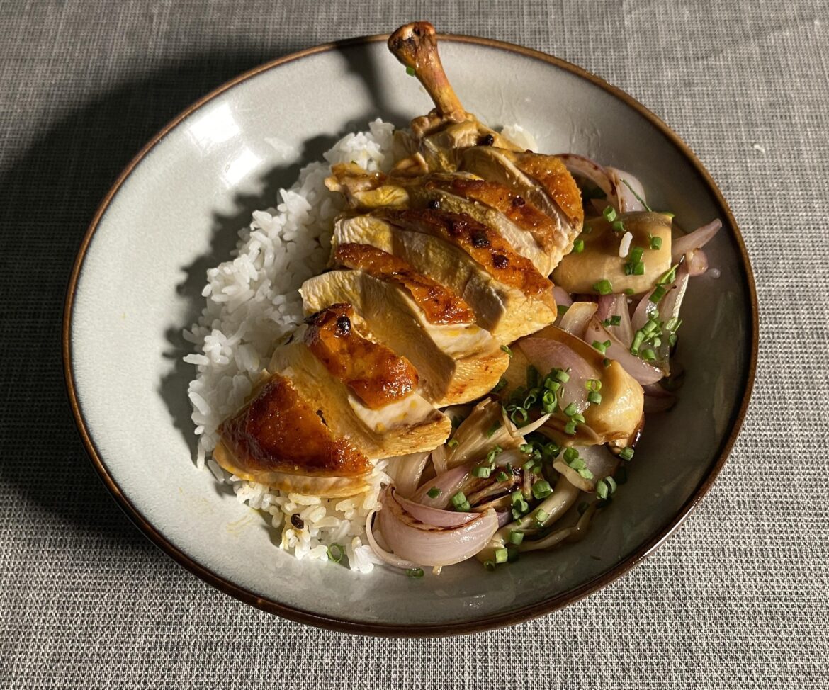 Pan-fried chicken, rice, mushroom & onions - 2nd take
