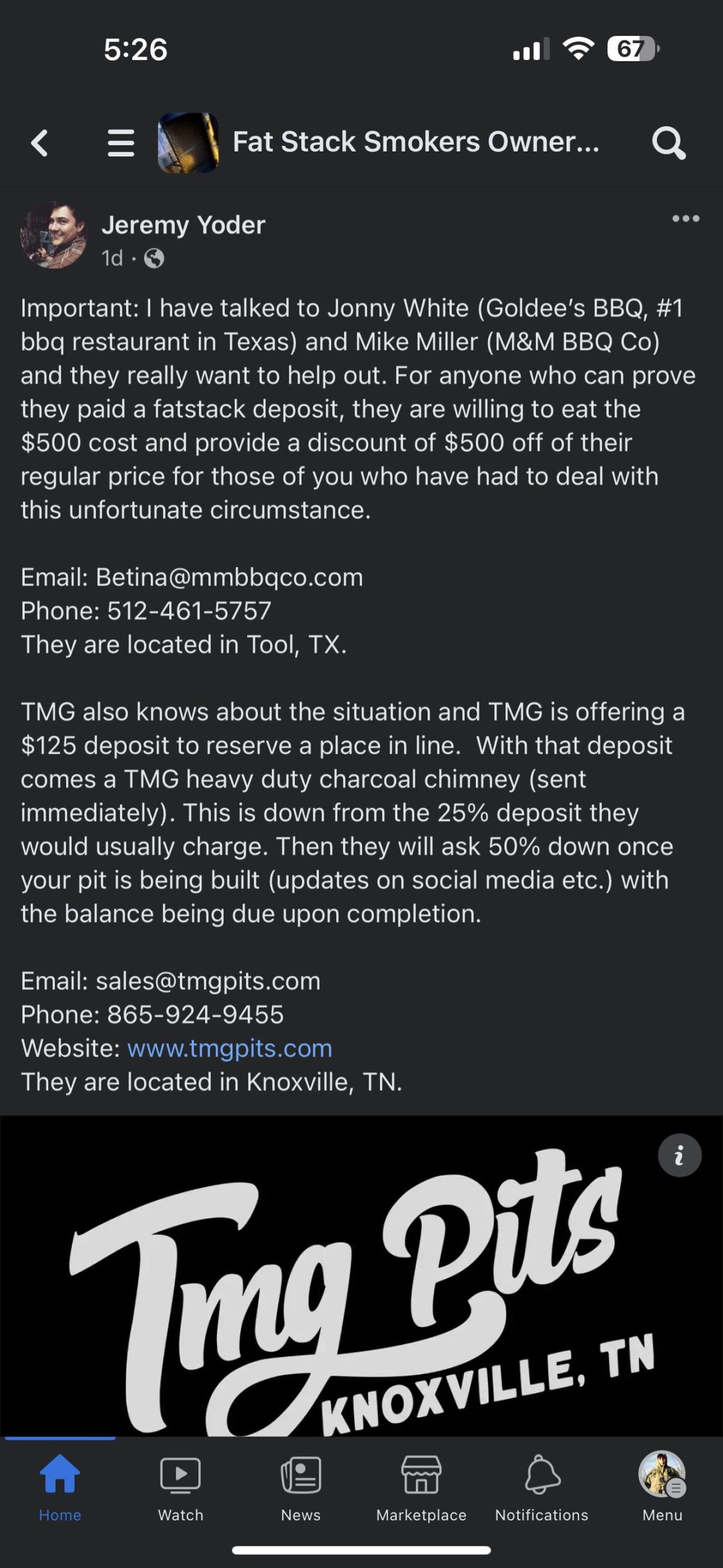 Fatstack Smokers is done, Jeremy Yoder steps up to the plate to help… Props to Jeremy and his hustle trying to look out for people… Props to TMG Pits!!!